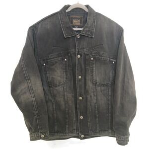 Marithe Francois Girbaud Jacket Mens XL Black Washed Denim Trucker Back‎ Graphic